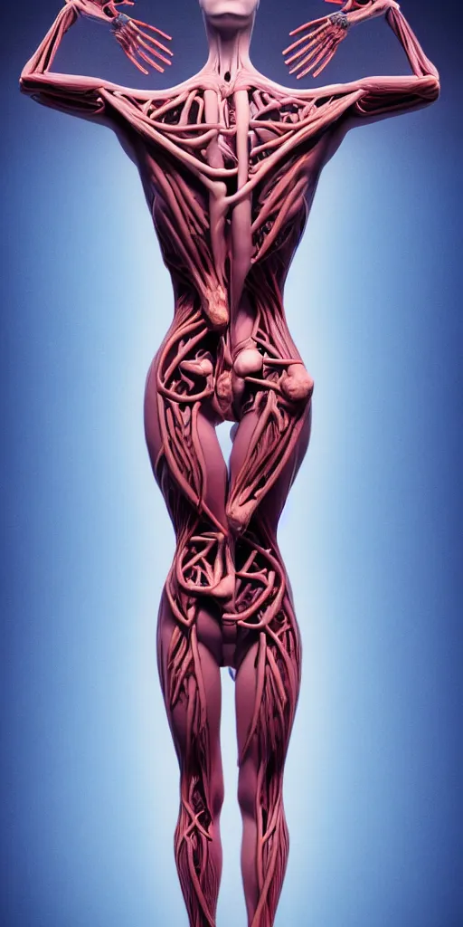 Image similar to poster design, full body anatomical model, 3 d photographic render of a deconstructed asymmetric human anatomical correct human body, in hoc signo vinces, waterfall, in the style of leonora carrington, gottfried helnwein, intricate composition, blue light by caravaggio, insanely quality, highly detailed, masterpiece, red light, artstation