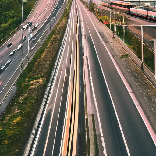 Image similar to a stunning aesthetic wallpaper of a city highway full of traffic with a train track and bus lane nearby, photograph by wes anderson, 8 k, soft focus, cinematic lighting, trending on flicker, super resolution.