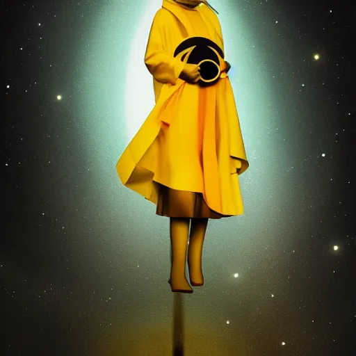 Image similar to award - winning. trending on artstation. 4 k. expressive. a figure wearing layered yellow robes while a black hole floats in space behind them. dark background. in the style of victor antonov
