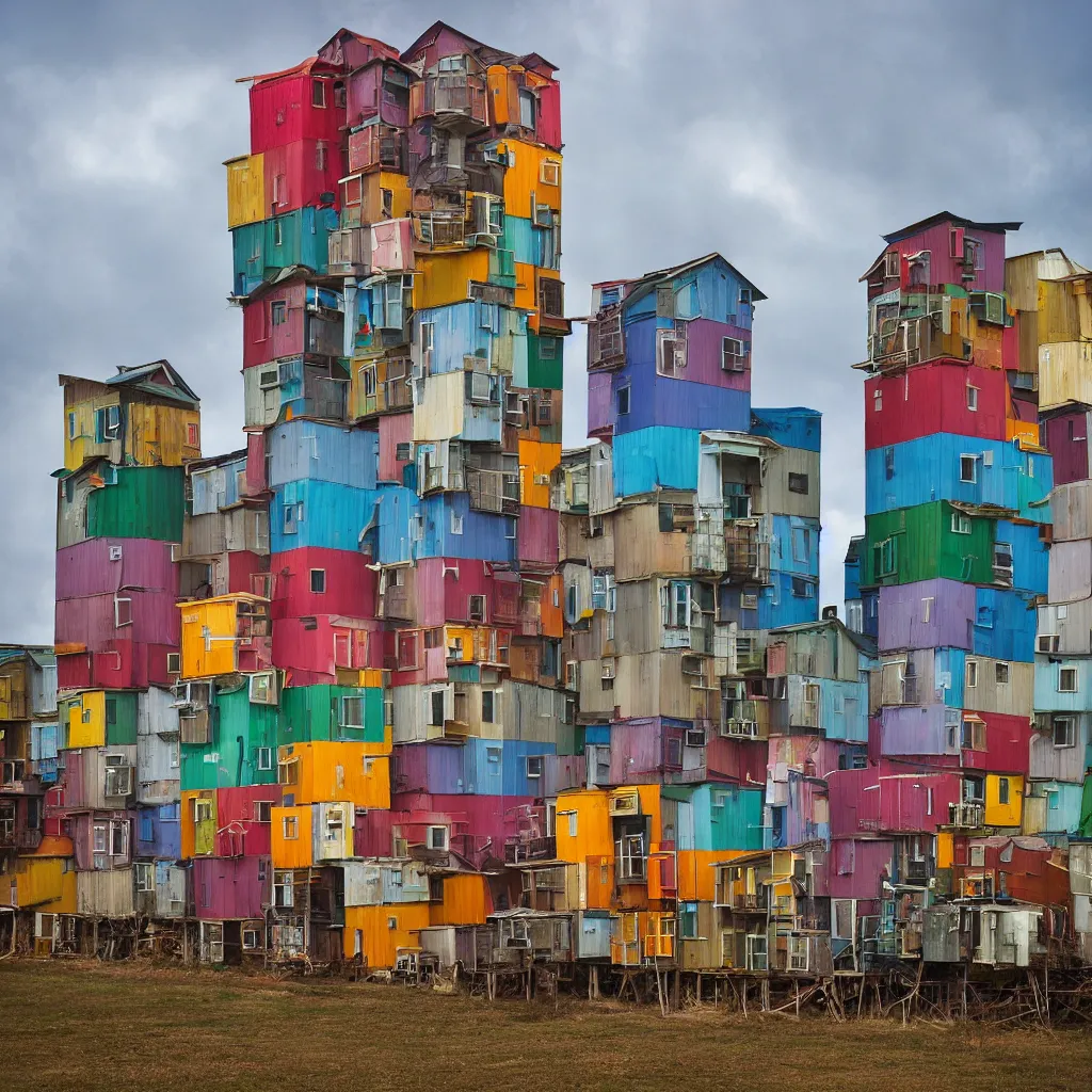 Prompt: two towers, made up of stacked makeshift squatter shacks with colourful facades, plain uniform sky at the back, misty, phase 1, f 1. 8, ultra sharp, very detailed, photographed by julie blackmon