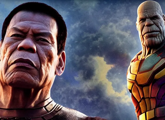 Prompt: rodrigo duterte staring down thanos, real life photograph, award winning photograph, 4 k