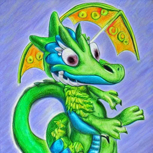 Prompt: puff the magic dragon, pastel on wood