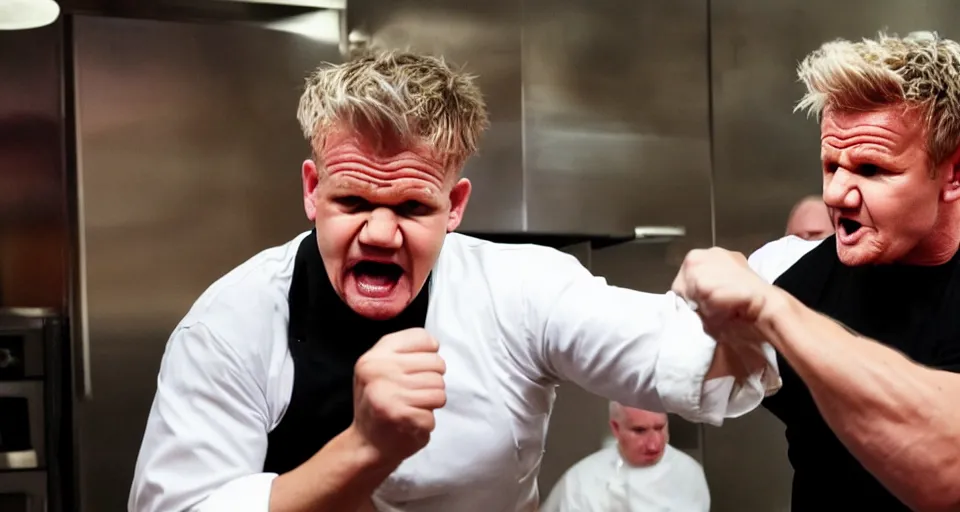 Image similar to photo of angry furious Gordon Ramsay punching Gordon Ramsay at the kitchen