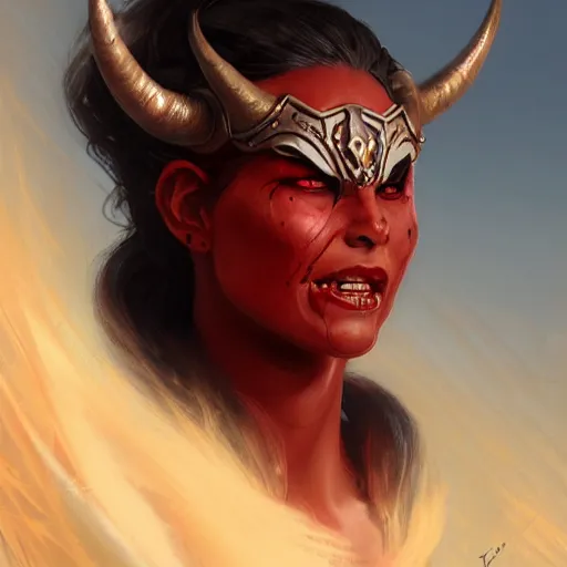 Prompt: portrait of a strong furious female berber tiefling with red skin, devil horns and black hair in a ponytail wearing a steel chestplate in a desert, fantasy, highly detailed, digital painting, artstation, concept art, character art, art by greg rutkowski and tyler jacobson and alphonse mucha