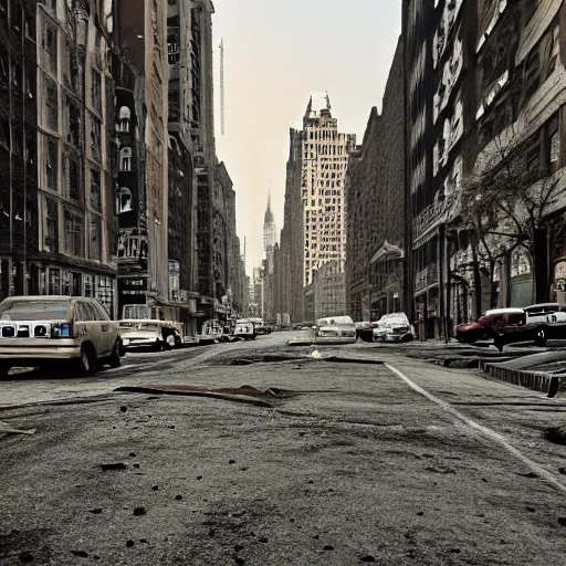 Image similar to color photograph of highly detailed abandoned New York city street at night after the war between humans and AIs, natural light, film grain, soft vignette, sigma 85mm f/1.4 1/10 sec shutter, film still promotional image, IMAX 70mm footage