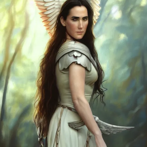 Image similar to A beautiful detailed painting of jennifer connelly as a female angel warrior, wings spread in a magical forest, ray traced sun light, by john sargent and Kalin Popov , Trending on artstation HD.
