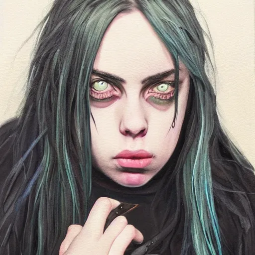 Image similar to Billie Eilish scary painting very detailed 4K