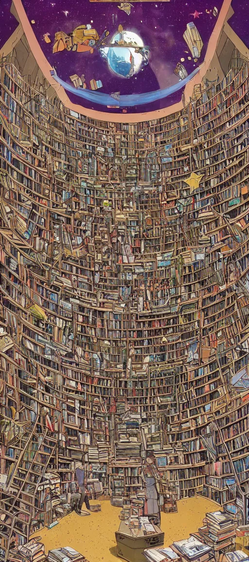 Prompt: cascading concept art of an imposing multi level library, cluttered, books, potions, star charts, magic aesthetic, sparkles in the air, by hirohiko araki, by moebius, by geof darrow,