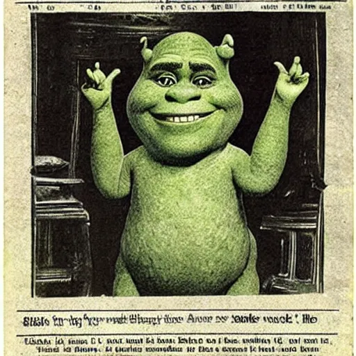 Prompt: an old newspaper photograph of shrek