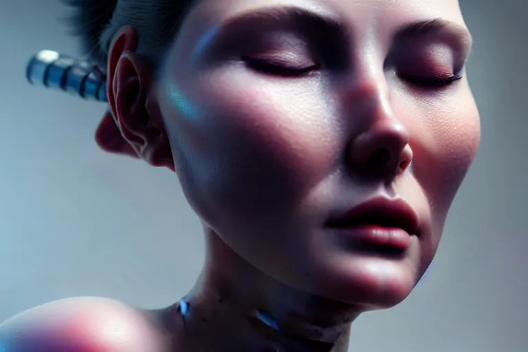 Image similar to ultra realistic, beautiful cyborg woman, eyes closed, sci-fi, fantasy, mythical, intricate, elegant, highly detailed, digital painting, octane render, substance painter, zbrush, artstation, concept art, smooth, sharp focus, eerie, illustration, 8k, HD, art by artgerm and greg rutkowski and raphael