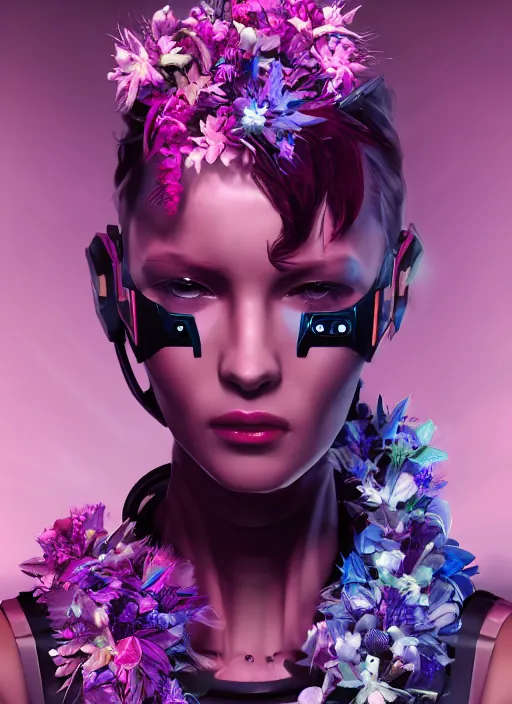 Image similar to Cyber Punk 2077 woman very beautiful robot portrait, Detroit game style, woman wrapped in flowers lily