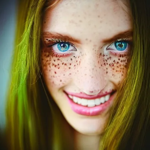 Image similar to a beautiful trending photo of over a ten million views from a beautiful freckled female fashion model's instagram account with her smiling and flashing her bright green eyes, she's is natural, easygoing and healthy, shot with nikon, leica, zeiss, 5 0 mm lens, flash fill, f 1. 8 depth of field, 8 k, professional!!!