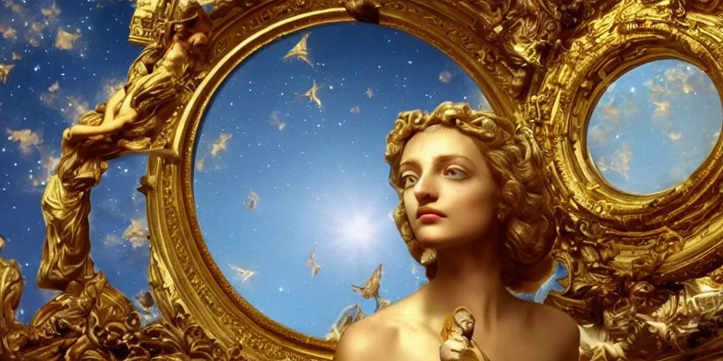 Prompt: MARBLE, ornate, majestic, baroque, saint Woman, Venus godness, beautiful, gracious, marble and gold, space, stars, clouds, sun, greeks, coerent face, fruits, Sky, Skies, bees, by annie leibovitz