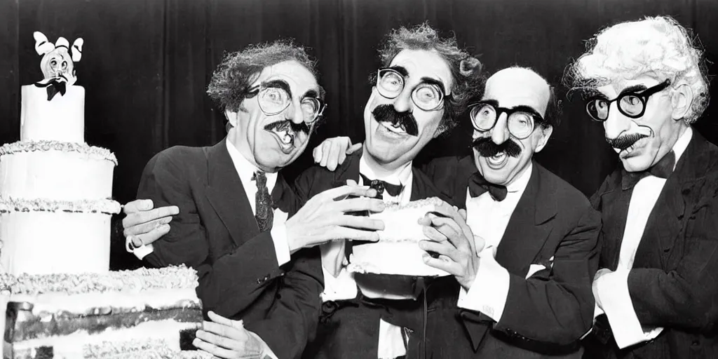 Prompt: Groucho Marx and Harpo Marx launch a cake on the face of Donald Trump. Donald Trump is a afraid. Groucho Marx and Harpo Marx laugh at him