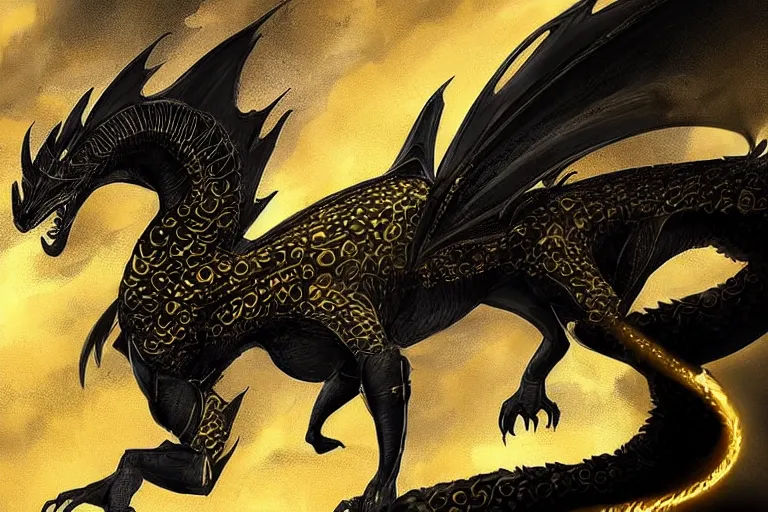 Image similar to full body digital illustration of a young dragon of black and gold, clouds, bituminous pattern by randy vargas, bituminous design studio lighting, concept art, matte background, deviantart, artstation