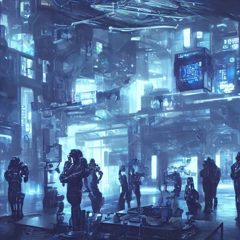 Prompt: hyperrealistic and beautiful painting of cybernetic humans in a technological and gritty room, technological lights, screens, cyberpunk style, 8 k resolution, by hugh ferris and john smith, polished, fine detail, intricate, blue color scheme, cyberpunk style, smooth, octane, concept art, trending on artstation