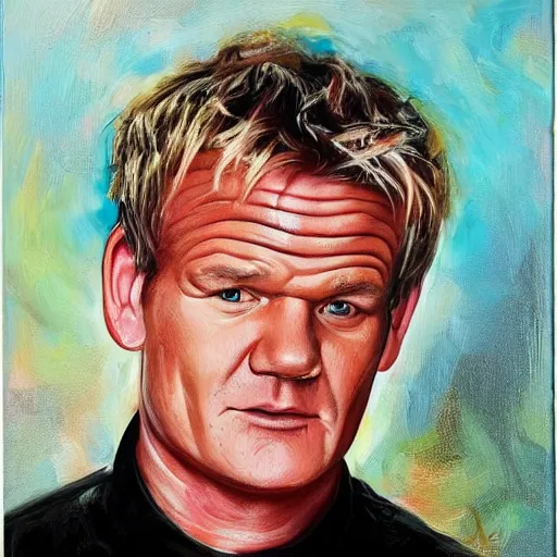 Prompt: Chef Gordon Ramsey with his head sandwiched, oil painting