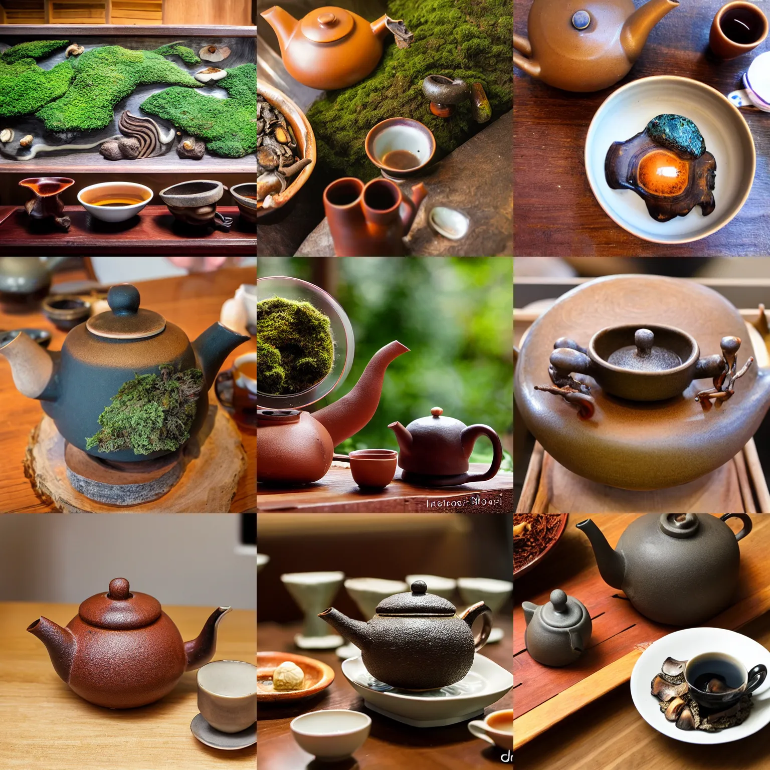 Prompt: wood - fired taiwanese teapot in pacific northwest tea house, moss, reishi mushrooms, interior art design, j - tea international teahouse