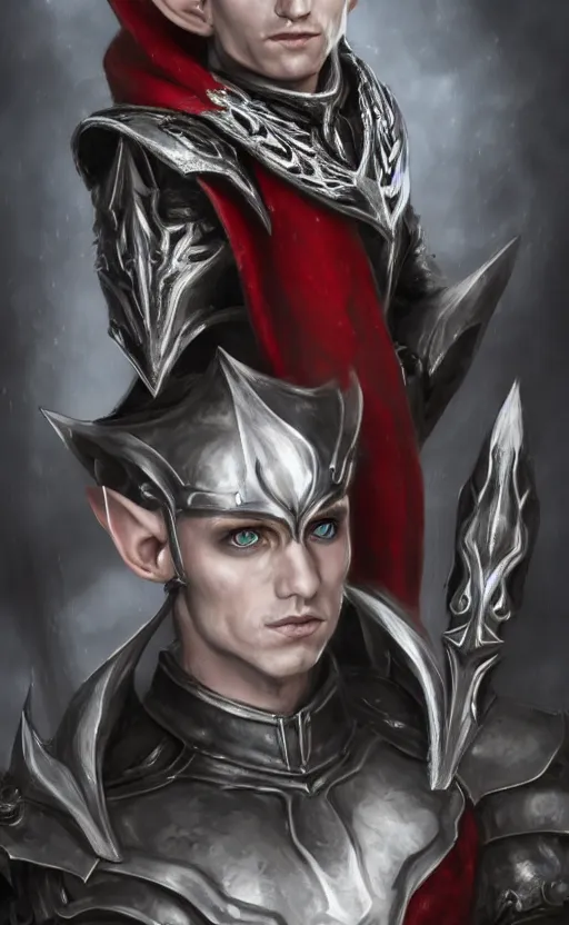 Image similar to A portrait of a male elf, 20 years old, short silver hair, red eyes, wearing a spiked black metal crown, black heavy armor with gold trim, and a red cape, lean but muscular, attractive, command presence, royalty, weathered face, smooth, sharp focus, illustration, concept art, highly detailed portrait muscle definition, fantasy painting, ArtStation, ArtStation HQ