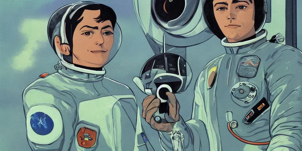 Image similar to a portrait of Alain Delon pilot in spacesuit on field forrest spaceship station landing laying lake artillery outer worlds in FANTASTIC PLANET La planète sauvage animation by René Laloux