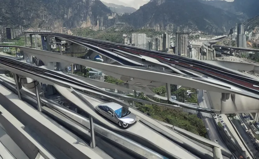 Image similar to valley of chrome, futuristic car driving on elevated highway