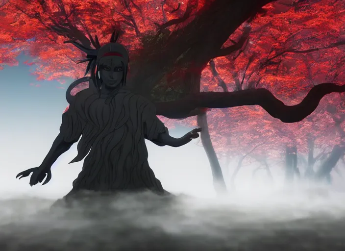 Prompt: itachi using susanoo ( ( ( ( ( tree ) ) ) ) ), ultra realistic 4 k unreal engine very cinematic render with ray tracing bloom ambient occlusion strong reflections depth of field fog