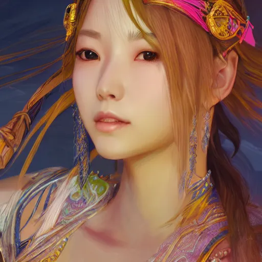 Prompt: a head and shoulders portrait of Yuna from Final Fantasy X, neon, retro, smooth, sharp focus, intricate, artstation, detailed concept art by Rutkowski and Mucha and sky sewa and Marc Simonetti