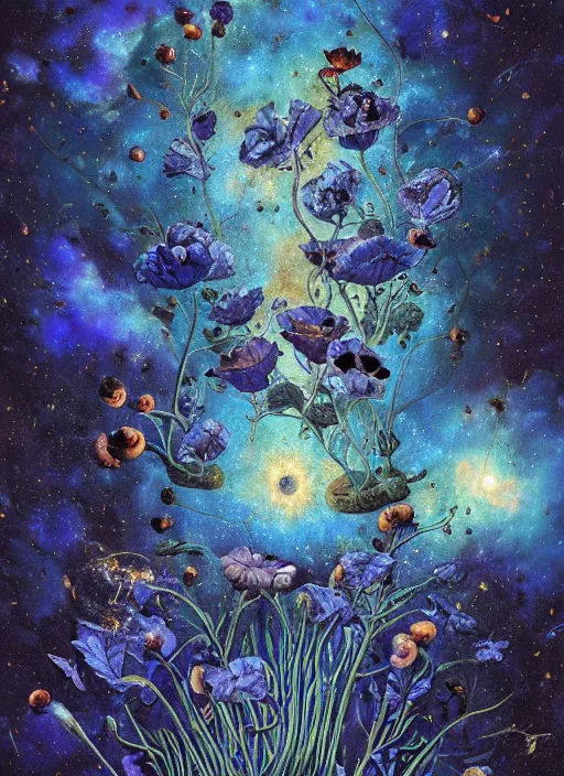 Image similar to detailed, intricate blue black and purple papaverum flower on the field, nebula, galaxy in the sky, winning award masterpiece, fantastically beautiful, illustration, aestheticly inspired, jacek yerka, upscale with anguissola sofonisba work, artstation, 8 k