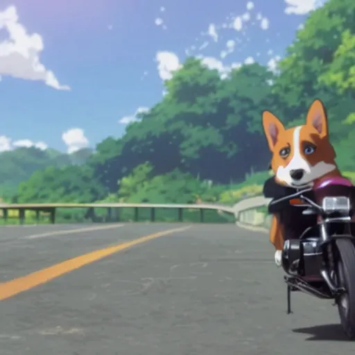 Image similar to A corgi on a motorcycle in an anime film by Makoto Shinkai