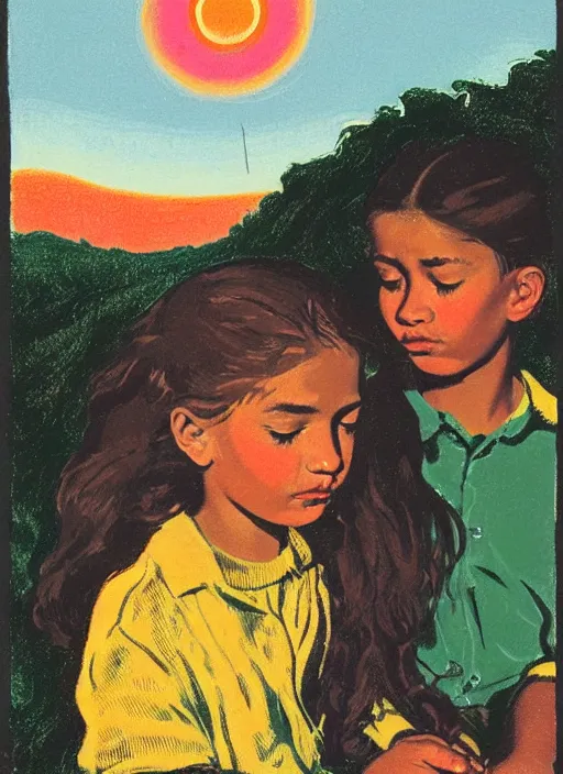 Prompt: an extreme close - up low angle portrait of a young girl and her young brother praying in a scenic representation of mother nature and the meaning of life by billy childish, thick visible brush strokes, shadowy landscape painting in the background by beal gifford, vintage postcard illustration, minimalist cover art by mitchell hooks