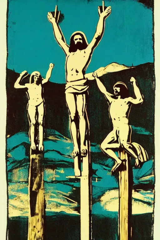 Image similar to jesus christ crucified and ufos in the background painted by andy warhol