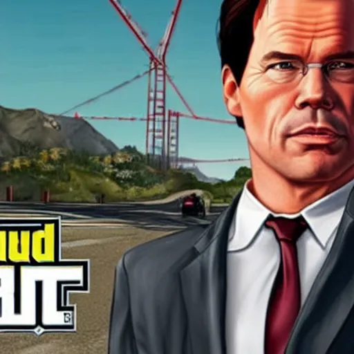 Prompt: mark rutte as grand theft auto v cover art,