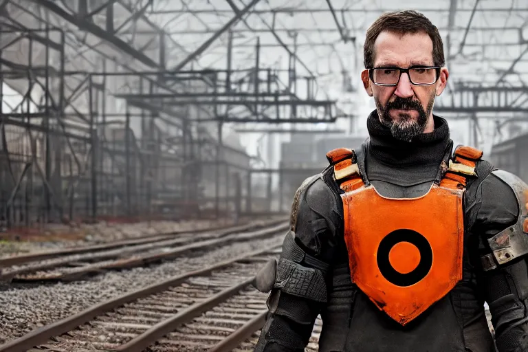 Image similar to vfx movie closeup real life gordon freeman holding wearing futuristic armor, half life logo on chest, crowbar in russian train yard by emmanuel lubezki