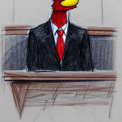 Image similar to elmo testifying in court, being defended by saul goodman, courtroom sketch