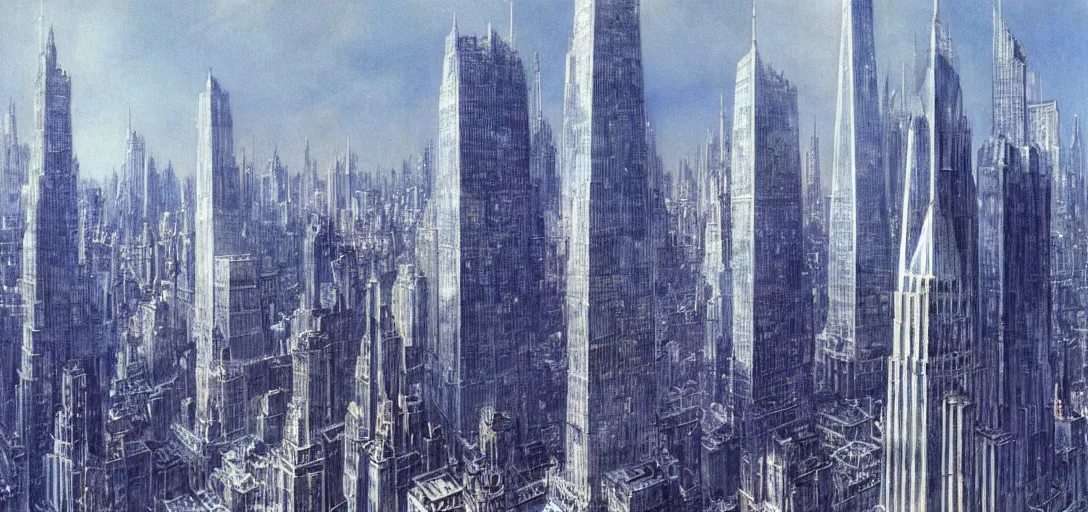 Image similar to A futuristic landscape of New York City with domes and very tall buildings in the year 2050 by Alan Lee