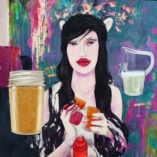 Image similar to “ sensual, a portrait in a female art student ’ s apartment, pancakes, woman drinking an iced latte from a painting, berries, art supplies, a candle dripping white wax, berry juice drips, neo - expressionism, surrealism, acrylic and spray paint and oilstick on canvas ”