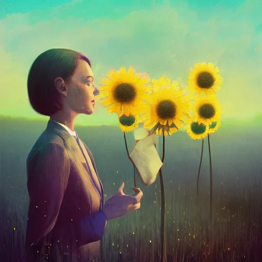 Prompt: enlarged daisy flower as a head, frontal, a girl in a suit, surreal photography, sunrise, dramatic light, impressionist painting, digital painting, artstation, simon stalenhag