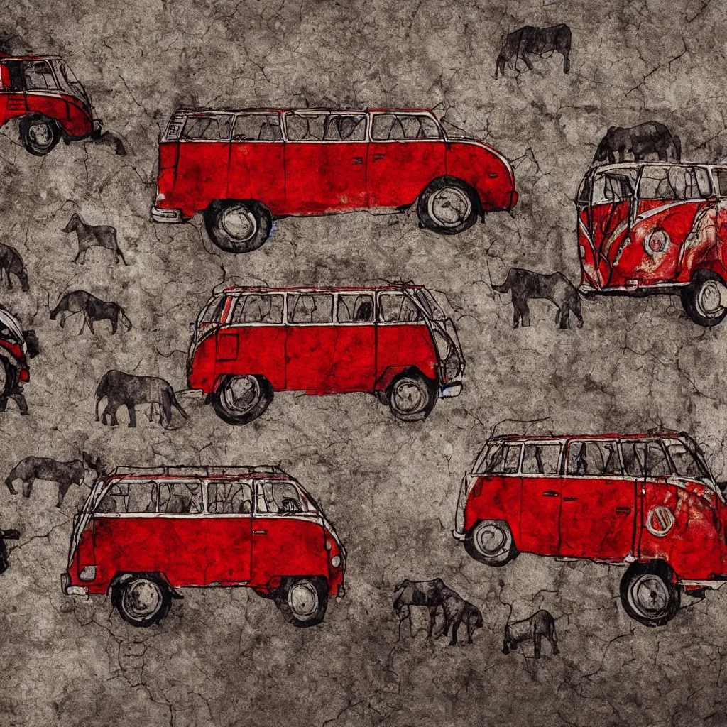 Prompt: prehistorical fresco of vw buses and mammoths, cave wall, spotlight, hard light, finger painting, red ochra, monochrome