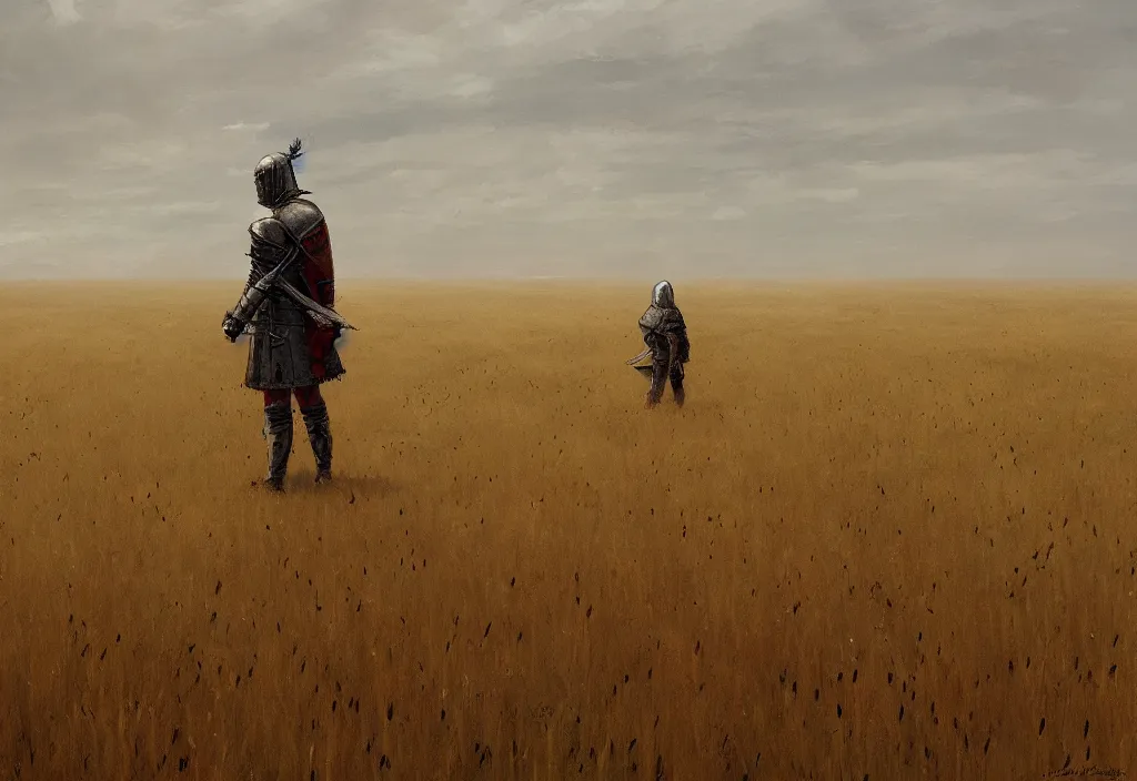 Image similar to a lonely knight standing on a wheat field full of dead soldiers, artstation, jakub rozalski, high detail