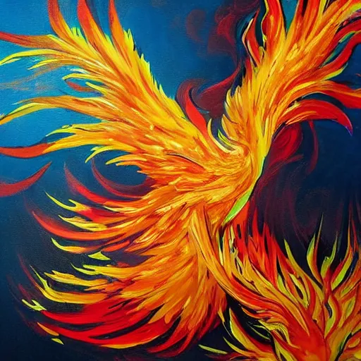 Prompt: a perfect painting of a rising phoenix, swirled orange and yellow paint, expressive brush strokes, bramble sparks and particles of hot fire in the air as this phoenix rises from the ashes