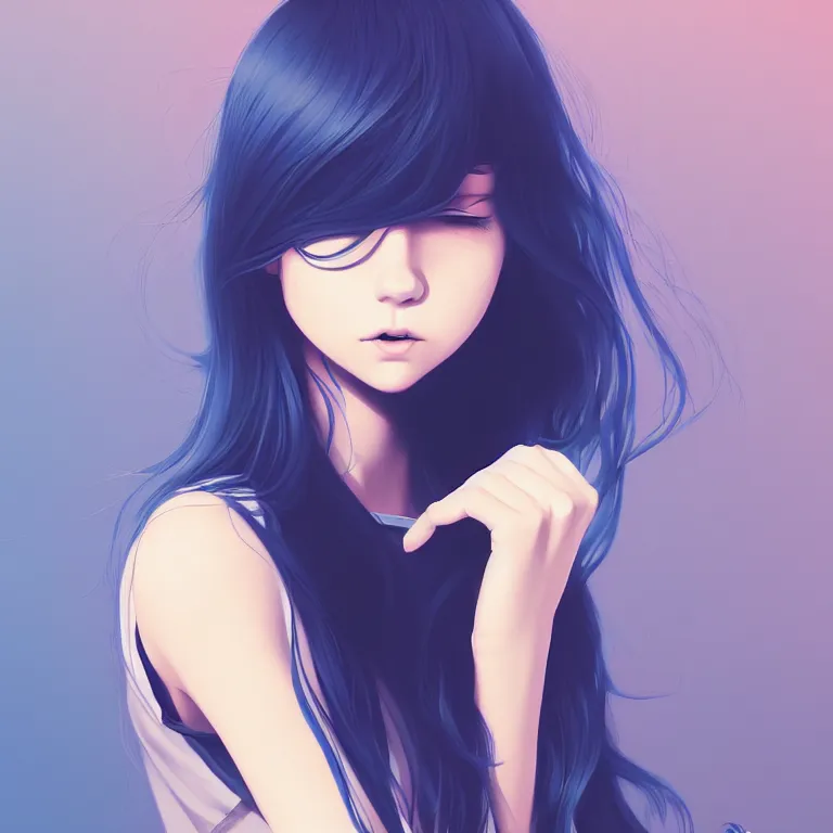 Image similar to urban high school girl in shirt fanart, dark blue long hair, muted colors, matte print, pastel colors, ornate, digital art, digital painting, fan art, elegant, artstation, by Ilya Kuvshinov