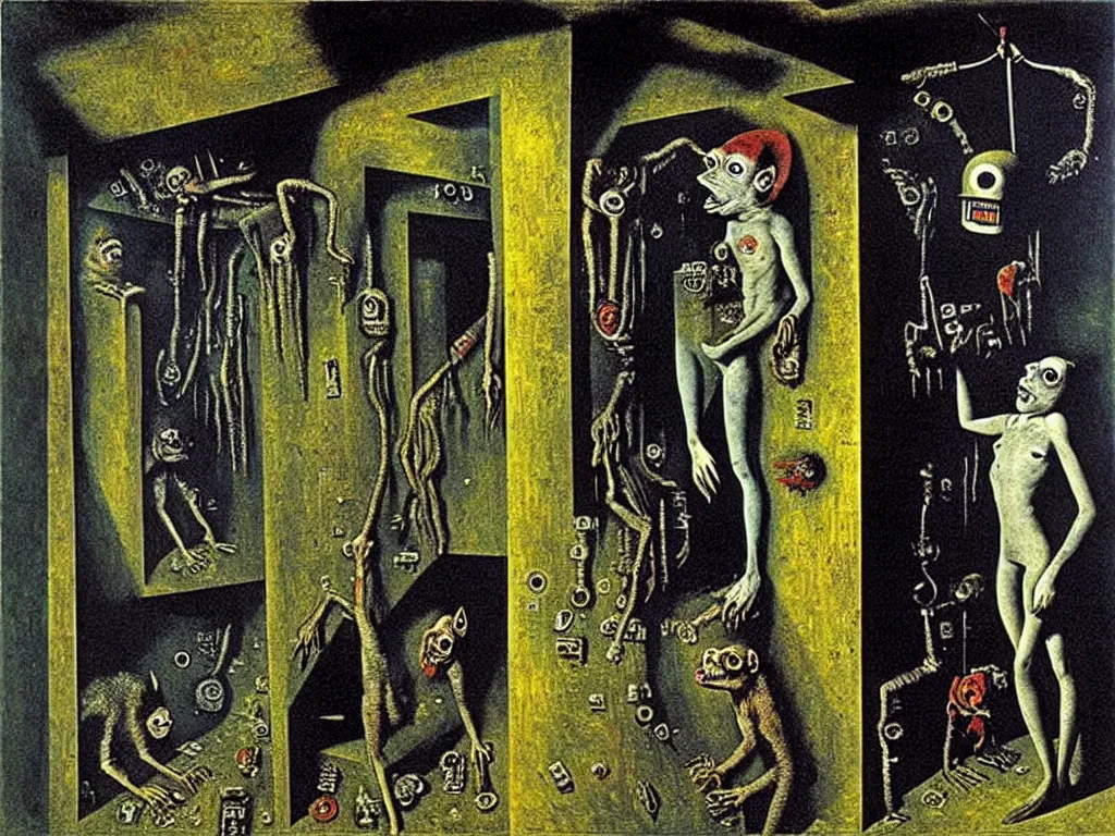 Prompt: bitcoin basement dweller, decadence and despair, underground ratman, art by max ernst