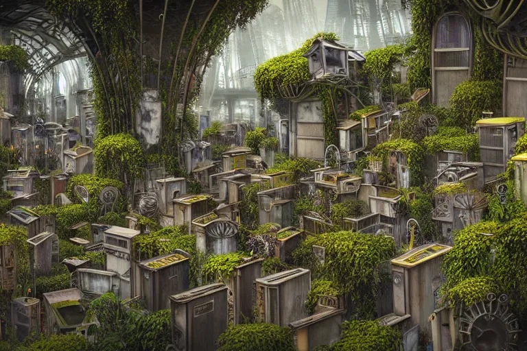 Image similar to elegance futuristic foliage overgrowing favela graveyard honeybee hive, art nouveau environment, industrial factory, award winning art, epic dreamlike fantasy landscape, ultra realistic,