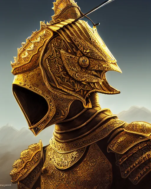 Image similar to hyper realistic side view painting of the king of the desert, angry, wide angle, gold armour, sword, dramatic lighting, intricate, wild, highly detailed, digital painting, artstation, concept art, smooth, sharp focus, illustration