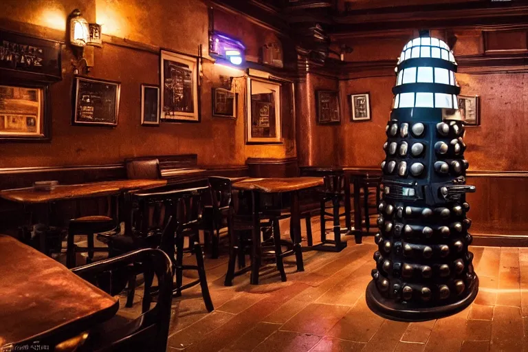 Image similar to photograph of a dalek in a traditional london pub, highly detailed, dramatic lighting, intense shadows, rich deep colours