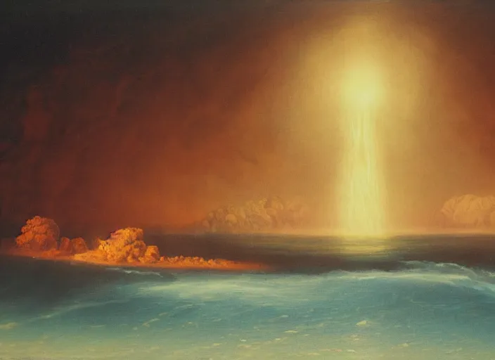 Prompt: a young earth, filled with volcanos, lava, glowing sky and a very thin atmosphere. water is just starting to form. in the style of hudson river school of art, oil on canvas