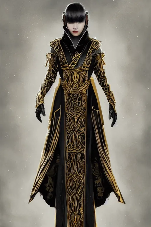Prompt: Photorealistic illustration of Korean fashion model in Star Wars sith black and gold robes, sci-fi, futuristic, intricate, elegant, highly detailed, digital painting, artstation, concept art, smooth, sharp focus, art by artgerm, greg rutkowski