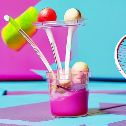 Prompt: three cups of yougurt jars next to a tennis racket, a stock photo by pia fries, trending on pinterest, lyco art, y 2 k aesthetic, vaporwave, aesthetic, side view