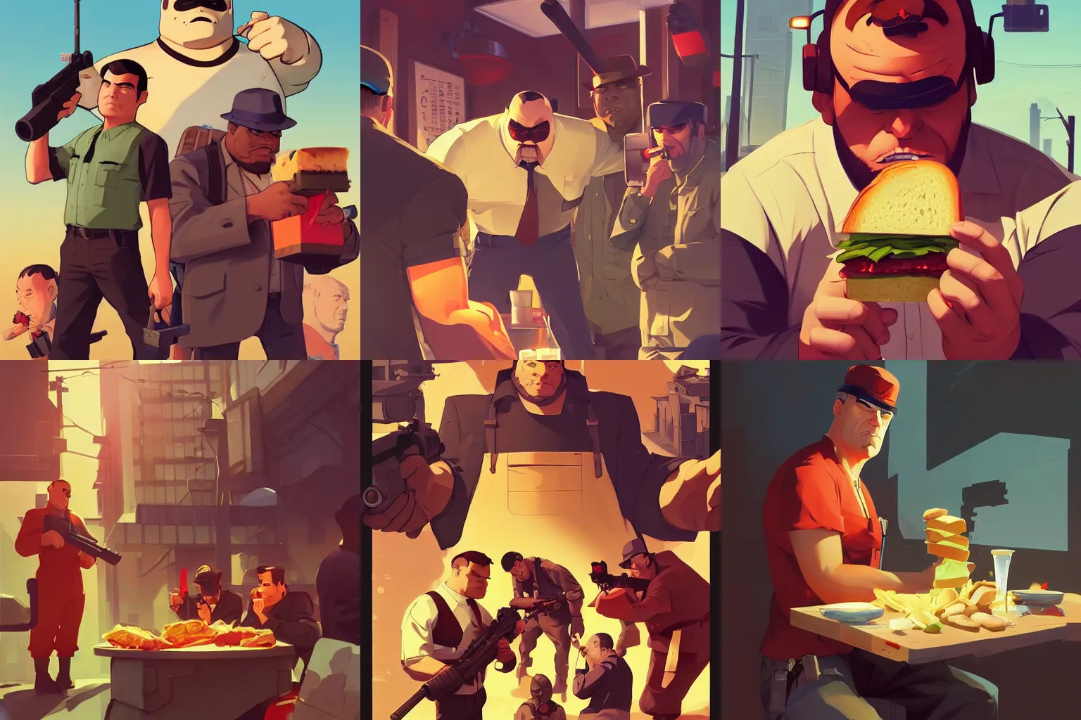 Prompt: heavy team fortress 2 eating a sandwich, gta 5 cover art, official hd artstation by jesper ejsing, by rhads, makoto shinkai and lois van baarle, ilya kuvshinov, ossdraws, and by feng zhu and loish and laurie greasley, victo ngai, andreas rocha, john harris