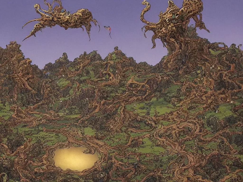 Image similar to fantasy landscape made by moebius with a 8 eyed humanoid god dealing cards over a medieval field